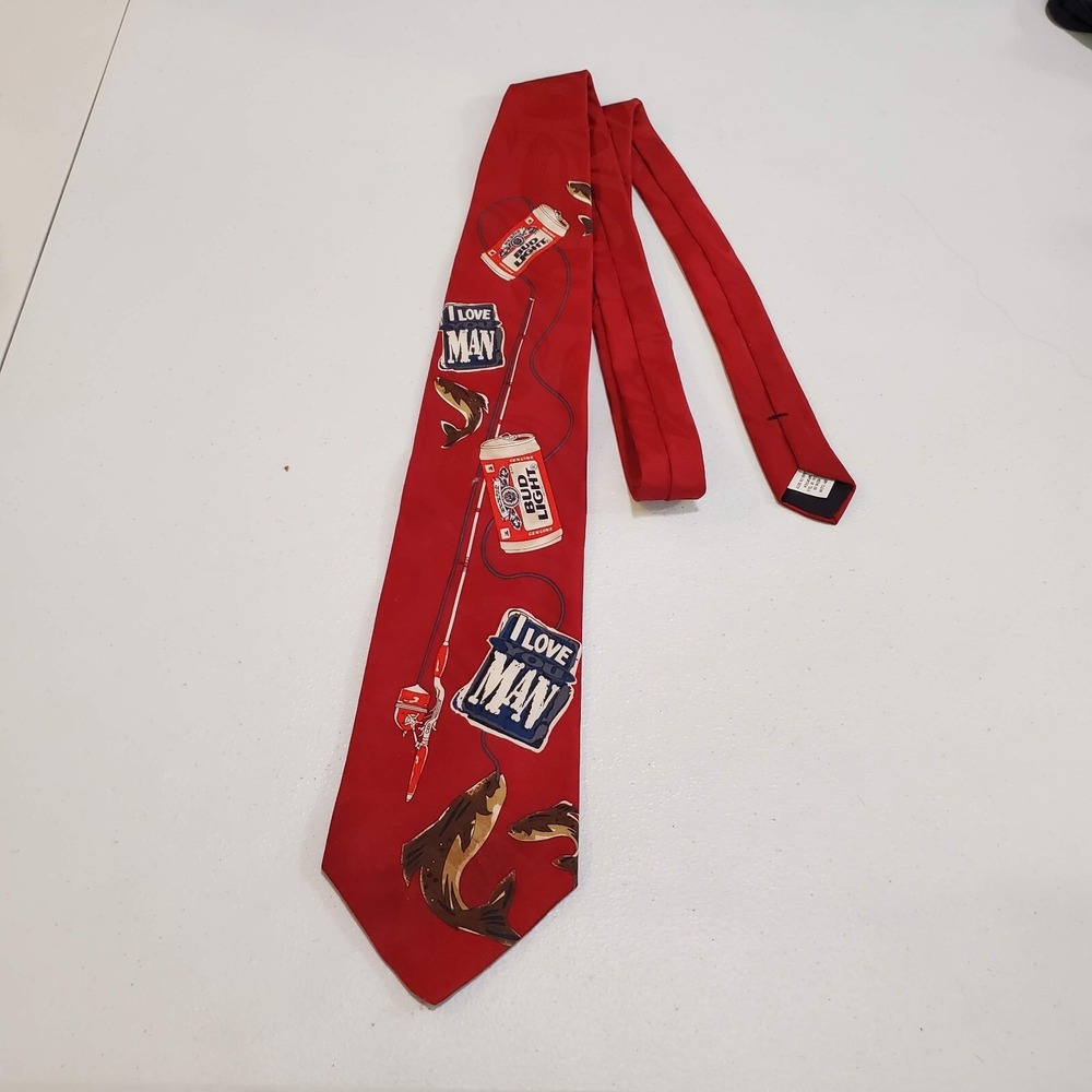 VINTAGE‎ Bud Light Beer Men Tie One Size Red 1996 Fishing Graphic